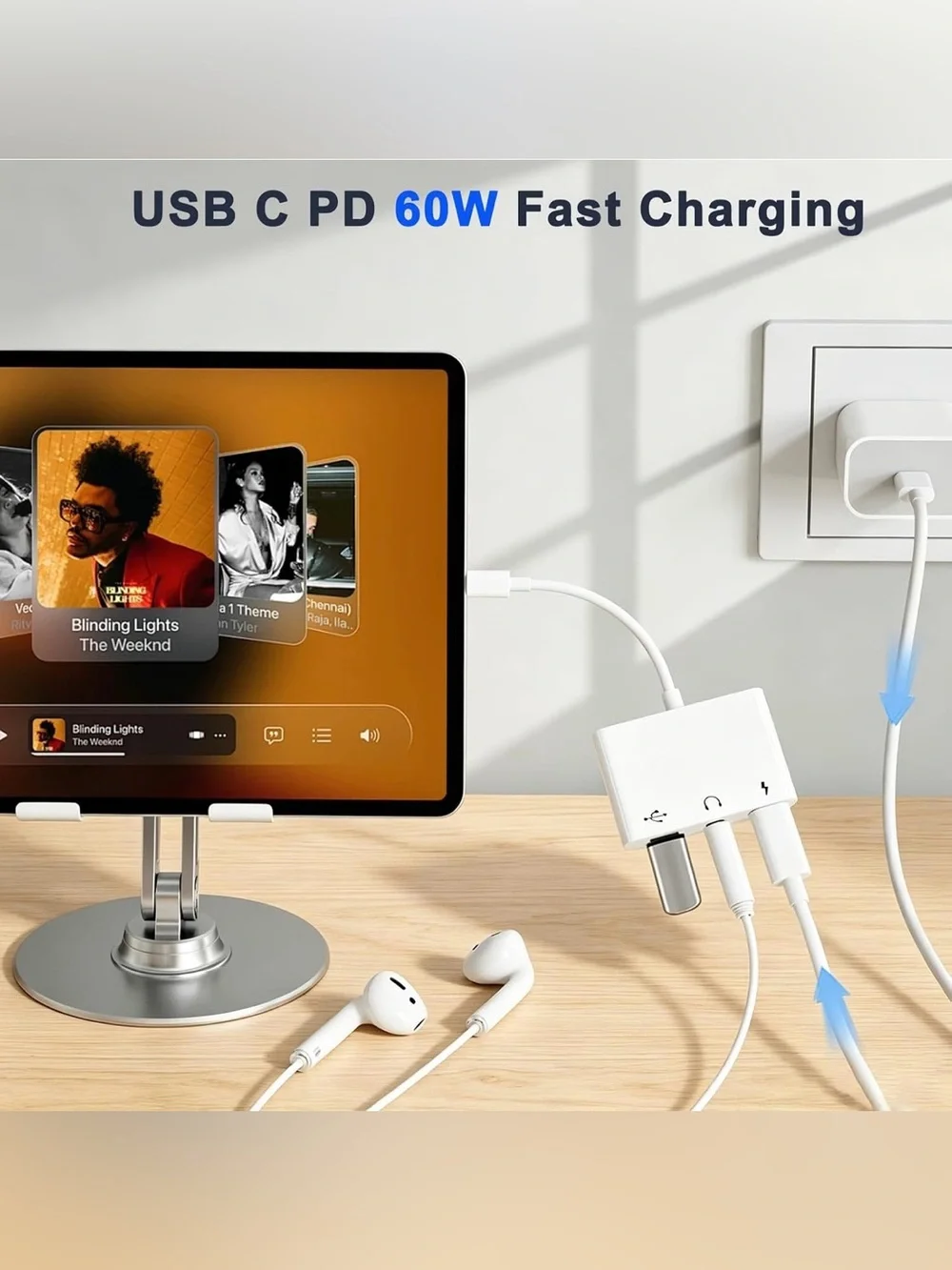 USB C to 3.5mm Audio OTG Adapter w/60W PD Fast Charging Headphone Splitter 3in1